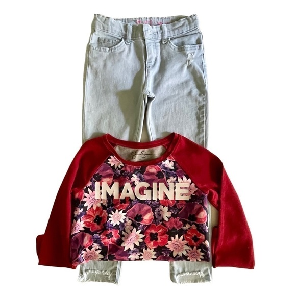 CHILDRENS PLACE, DISTRESSED DENIM JEANS, SIZE 8. JESSICA SIMPSON TOP, SIZE M. - Picture 1 of 9
